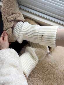 1 Pair Plain Ruffle Leg Warmers With Metal Tag, Suitable For Autumn And Winter Daily Outfit - White - View 6