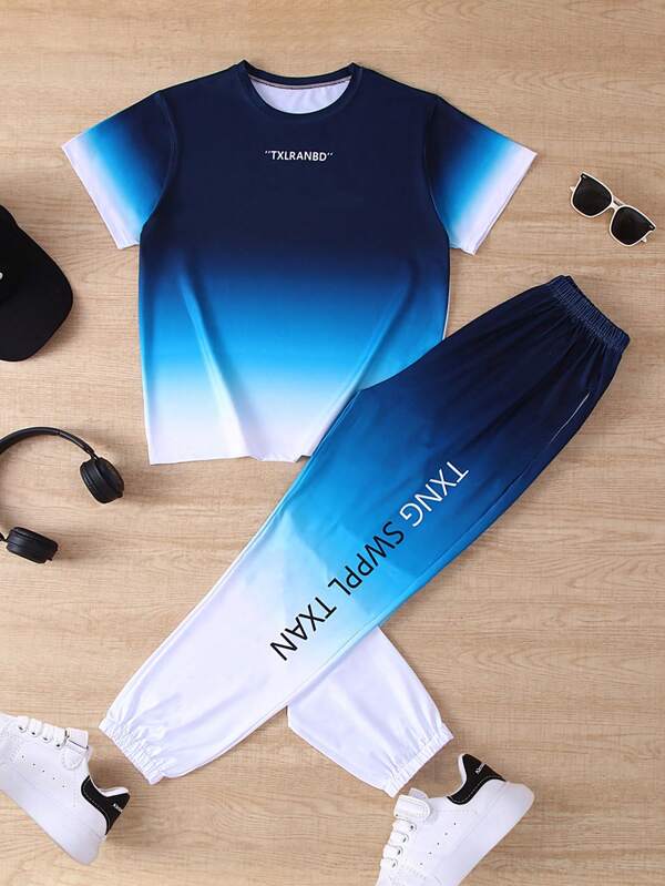 Girls Contrast Color Letter Print Round Neck Short Sleeve Top & Pants Set, Comfortable & Cool For Summer, Suitable For Outdoor Activities