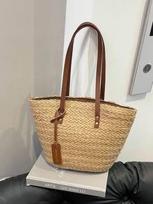 1pc High-Quality Textured Straw Bucket Handbag, Suitable For Daily Dates, Shopping, Fashionable Vacations, Beach Essentials, Summer Necessities ,Holiday - Khaki - View 3
