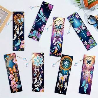 8Pcs Diamond Painting Bookmark Kit, DIY Dreamcatcher & Butterfly Diamond Art Bookmarks With Crystal Pendant Crafts Supplies, Waterproof PET Material, Sparkling Gem Effect, Perfect Reading Companion & Gift For Friends