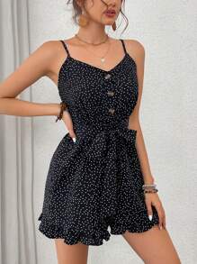 Polka Dot Ruffle Hem Self-Tie Casual Jumpsuit For Spring/Summer