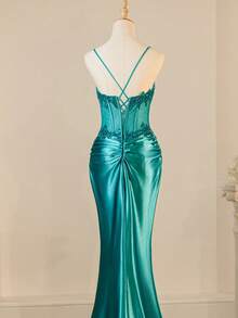 Đầm dạ hội sang trọng, quyến rũ Rolarold dành cho năm mới, với dây đeo vai mảnh, đính sequin và ren, xẻ tà cao, thích hợp cho đám cưới mùa xuân. - Màu xanh lam - Xem 7