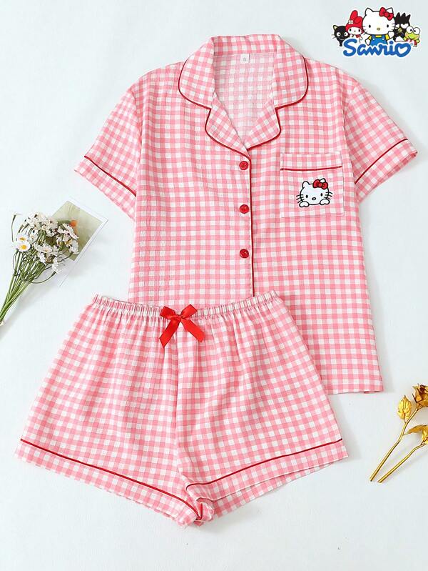 2pcs Authorized Sanrio Hello Kitty Pocket Embroidered Plaid Print Lapel Short Sleeve Button Up Top And Bow Shorts Pajama Set For Women, Suitable For Home Use In Spring/Summer