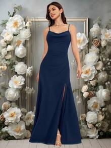Volly Toych Navy Blue A-Line Cowl Neck Spaghetti Straps Floor-Length Split Thigh Chiffon Formal Bridesmaid Dress - Navy Blue - View 4