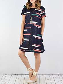 Boho Retro Rayon Cool Soft Summer Cuff Short Sleeve Crew Neck T Shirt Mini Dress Tunic With Pockets - 海軍A - 查看 2