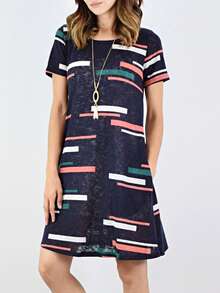 Boho Retro Rayon Cool Soft Summer Cuff Short Sleeve Crew Neck T Shirt Mini Dress Tunic With Pockets - 海軍A - 查看 1