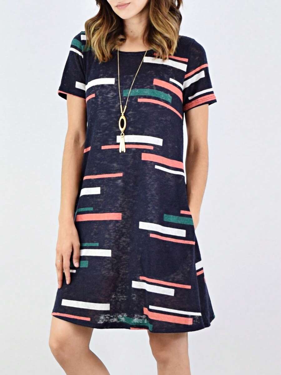 Boho Retro Rayon Cool Soft Summer Cuff Short Sleeve Crew Neck T Shirt Mini Dress Tunic With Pockets - 海軍A - 查看 1