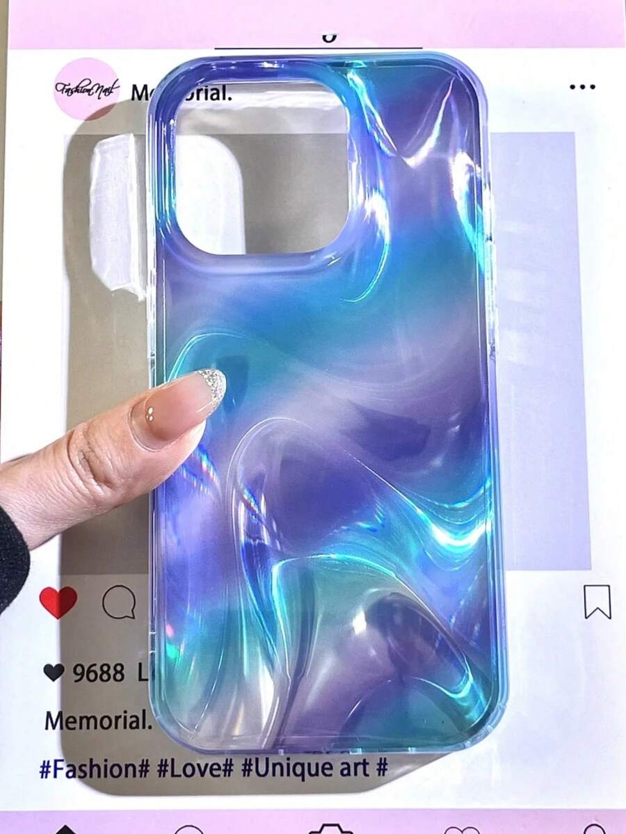 波浪涟漪 1 件 INS 美学水波辐射极光激光不对称图案手机壳兼容 16 15 14 13 Pro Max 柔软硅胶后盖 - 藍綠色 - 查看 1