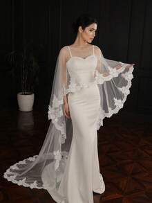 1 Pc European & American Style Handmade Lace Trim, Elegant Trailing Bridal Wedding Dress Accessories Shawl Cape Fall Clothes For Women - White - View 1