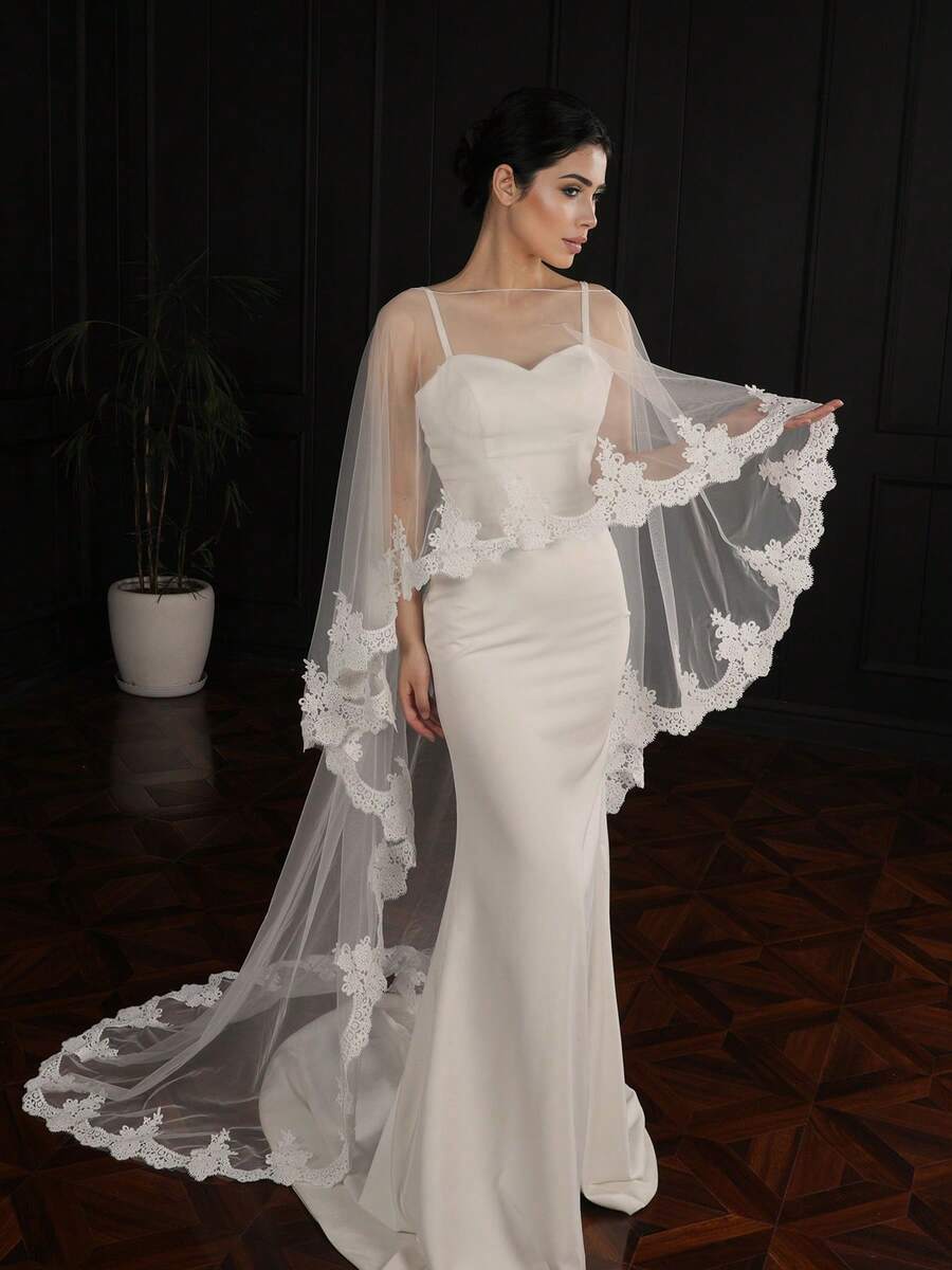 1 Pc European & American Style Handmade Lace Trim, Elegant Trailing Bridal Wedding Dress Accessories Shawl Cape Fall Clothes For Women - White - View 1