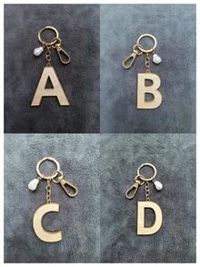 Alloy Letter Acrylic Inlay Keychain, Faux Pearl Shell Pendant Bag & Jeans Accessory, Gift For Friends And Classmates - Golden - View 11
