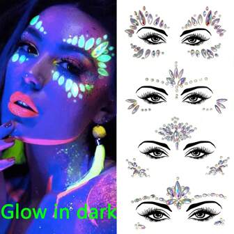 1pc Self-Adhesive 3D Face Rhinestones (1Glow In The Dark) Make-Up Festival Face Jewels, Stick On Diamonds For Hair, Suitable For Dance Party, EDM Festival, Birthday Party Makeup, Face, Hair, Eyes, Nails