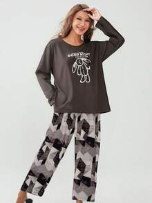 Pimavera y Verano Conjuntos de Descanso para Mujeres Ropa de Dormir para Mujeres,Incluye una camiseta de manga corta, un pantalón corto, un pantalón largo y un par de sandalias - Gris - Ver 2