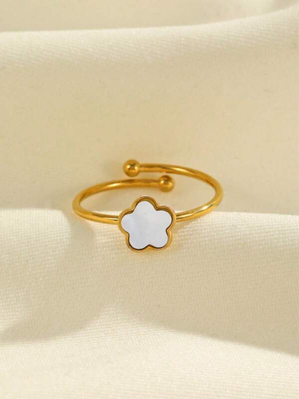 قطعة واحدة خاتم بنقشة محار وزهرة وشكل نجمة من الفولاذ المقاوم للصدأ أنيق، هدية للنساء