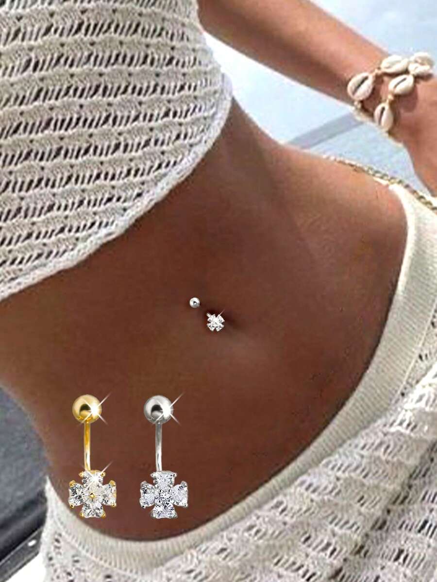 Single One S925 Sterling Silver Four-Clover Minimally Designed Navel Nail, Women's Puncture, Cubic Zirconia Geometric Zirconia Navel Buckle For Women,The Best Gift For Girlfriend, Mother, Sisters