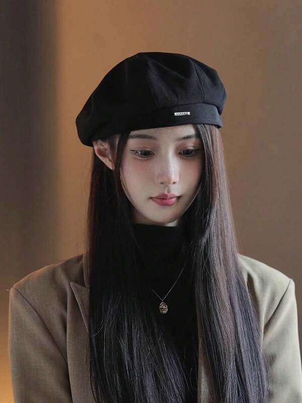 1pc Women Black Beret Hat, New Spring/Autumn Artist Beret Cap, Suitable For Daily Wear (Note: The Letter Style May Vary Slightly Due To Different Production Batches)