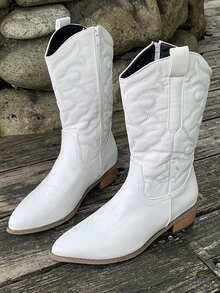 Women's Best-Selling Versatile Embroidered Chelsea Silver Boots - White - View 6