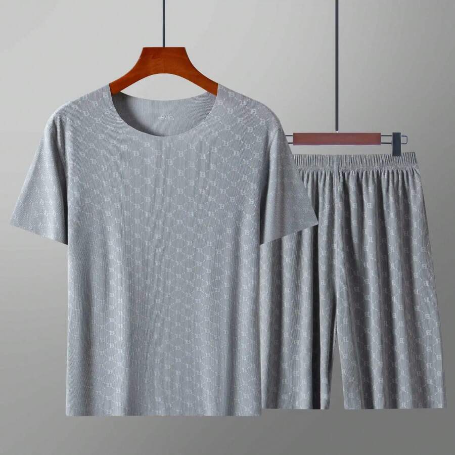夏のメンズパジャマホームウェアセットプリントアイスシルク Tシャツ半袖モーダルカジュアルパジャマメンズパジャマズボン薄いスーツ - グレー - チェックする 1