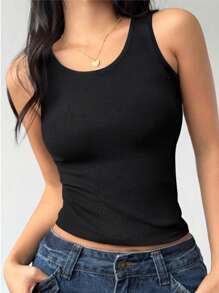 1pc Solid Color Casual-Comfy Minimal Casual-Regular Casual Leisure-Sports Casual Ribbed Racerback Tank Top