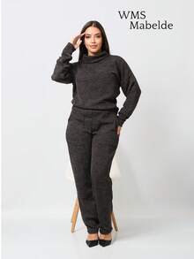 WMS Women's Woolen Ribbed Crew Neck Pants Set SimpleElegantCasualCutePocket - Black - View 4
