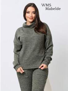 WMS Women's Woolen Ribbed Crew Neck Pants Set SimpleElegantCasualCutePocket - Grey - View 1