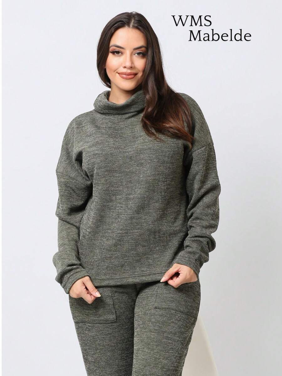 WMS Women's Woolen Ribbed Crew Neck Pants Set SimpleElegantCasualCutePocket - Grey - View 1