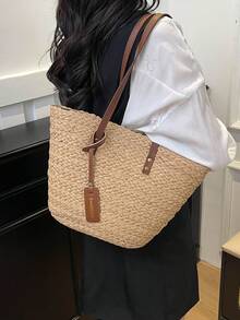 1pc High-Quality Textured Straw Bucket Handbag, Suitable For Daily Dates, Shopping, Fashionable Vacations, Beach Essentials, Summer Necessities ,Holiday - Khaki - View 6