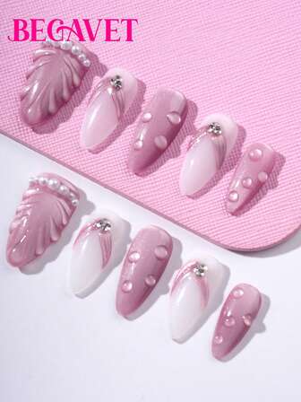 All-New Spring/Summer Collection 10pcs Handmade Salon Quality Purple Raindrop Almond Shaped Nails With Exclusive 3D Nail Decors, Suitable For Parties/Festivals And Everyday Wear