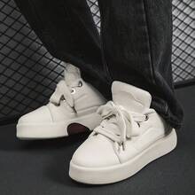 Thick Sole Men's Shoes, Men's Thick Sole Casual Sneakers, Outdoor Fashionable Versatile Bread Shoes For Young Men, Leather Face Skateboard Shoes, Street Stylish Classic Lace-Up Round Toe Men's Shoes For Party, Holiday, Daily Wear - White - View 1