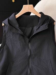 Spring/Summer New Fashion Versatile Women Casual Loose Sleeveless Zipper Hooded Lightweight Vest - Black - View 5