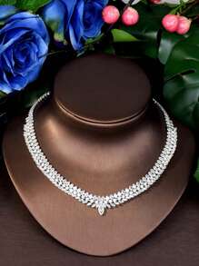 1 conjunto de joias de nicho elegante estilo francês com zircônia cúbica incrustada para festa de casamento, conjunto de joias para noite, colar, brincos, pulseira, 4 peças