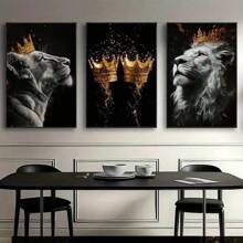 3-delige set Golden Crown & Lion Couple Lovers Canvas Prints, moderne abstracte wandkunst, prints - zonder lijst, dierenposters, eigentijdse woondecoratie voor woonkamer, slaapkamer, kantoor en meer, zonder lijst