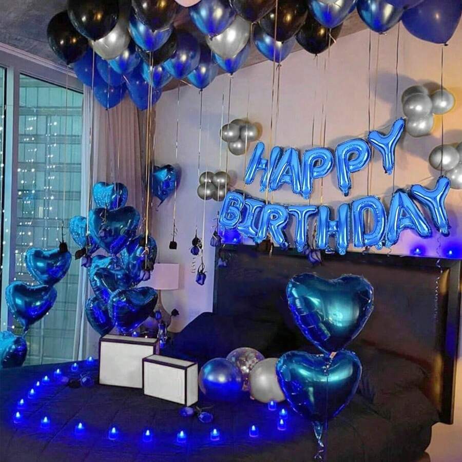 53pcs Blue Birthday Party Decoration Set, Equipped With Blue Happy Birthday Balloon Banner And Latex Balloons, Suitable For Blue Themed Birthday Party Supplies, Men's And Women's Birthday Party Decorations - 藍色 - 查看 1