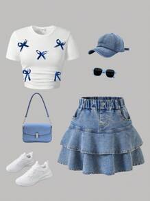 Tween Girl Butterfly Print Short Sleeve Top And Denim Mini Skirt