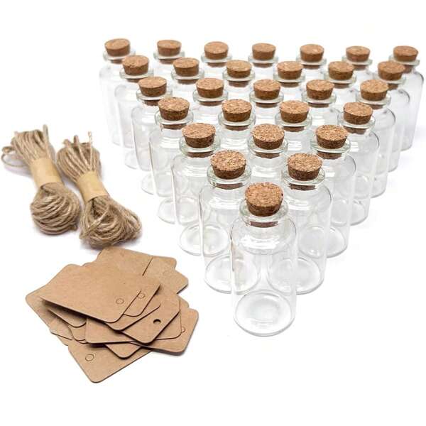 20 Mini Glass Bottles With Lids, 1 Bundle Of 10 Meter String, 20 Hanging Labels For DIY Decoration, Wedding Gifts, Party Gifts