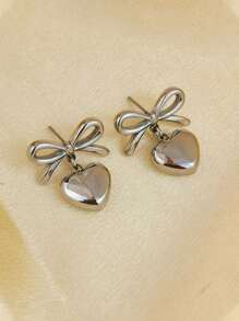1 Pair Of 18K Gold Stainless Steel Contrast Color Bow-Knot & Heart Pendant Earrings For Women, Fashionable And Versatile, Suitable For Daily Wear, Party, Beach Holiday