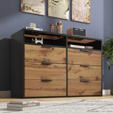 Sideboard With High-Quality Glass And Wood Veneer, 6 Drawers, Stable Structure, Easy To Clean