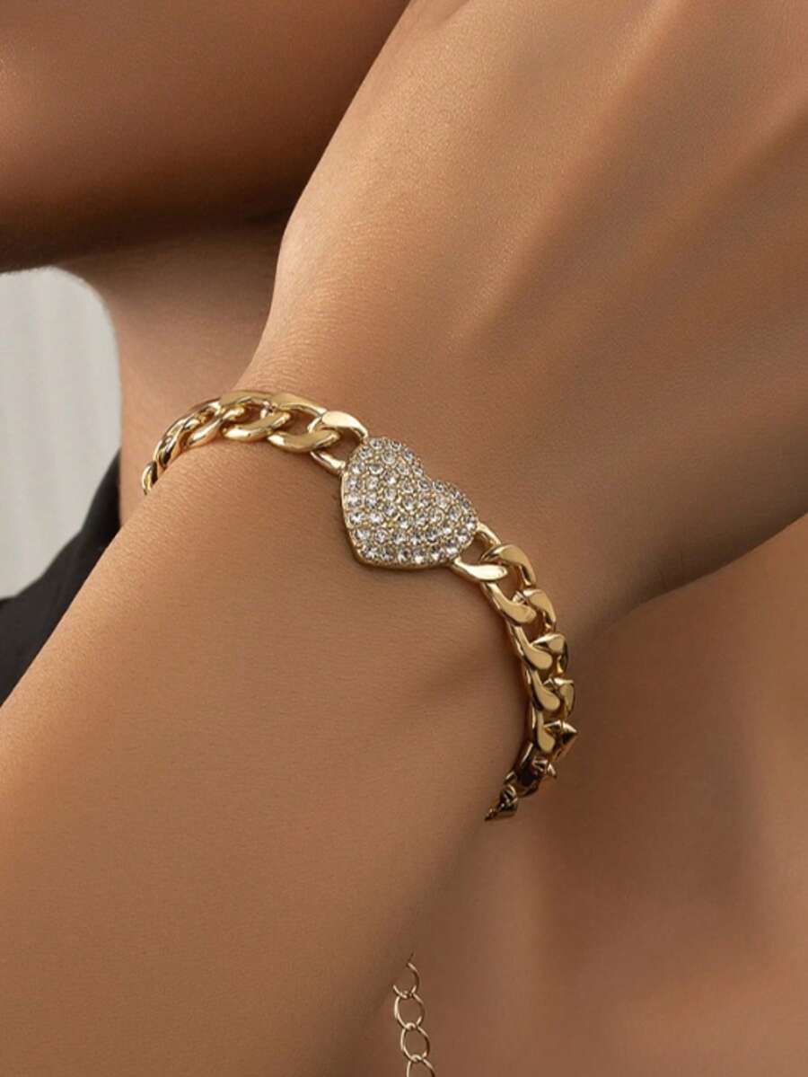 1 Pc Rhinestone Heart Bracelet, Suitable For Everyday Wear - Yellow Gold - View 1