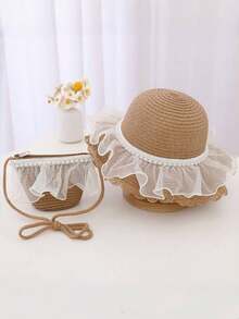 2pcs Set Summer Thin Breathable Straw Hat/1pc Hat + 1pc Bag, Adorable Princess Style Mesh Decor Beach Hat - A - View 3
