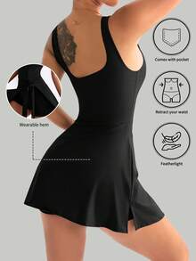 VVX Womens Tennis Dress Workout Golf Dress With Built In Shorts And Pockets Backless Twisted - Svart - Visa 2