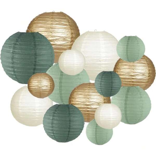 15 stuks/10 stuks groene, witte en gouden ronde hangende papieren lantaarns decoraties, rustieke bruiloft verjaardagsfeest decoratie ronde papieren lantaarns decoratie, goud/ivoor/groen-grijze kleur, hangende papieren lantaarns geschikt voor plattelandsfeest