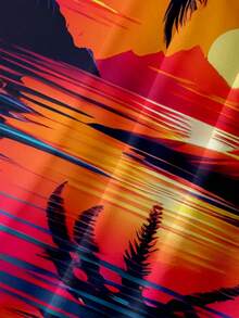 Hawaiian Coconut Tree & Sunset Ombre Landscape Print Button Down Short Sleeve Shirt For Men - Red - View 4