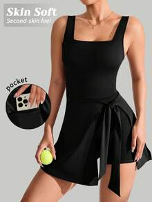 VVX Womens Tennis Dress Workout Golf Dress With Built In Shorts And Pockets Backless Twisted - Svart - Visa 1