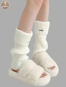 1 Pair Plain Ruffle Leg Warmers With Metal Tag, Suitable For Autumn And Winter Daily Outfit - White - View 3