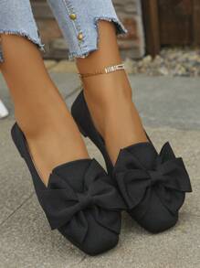 Women's Bow Square Toe Wide Fit Ballerina Flats, Comfortable Slip-On Loafers, Elegant For Spring/Summer Everyday, Office, Commuting, Black Wide Width Shoes