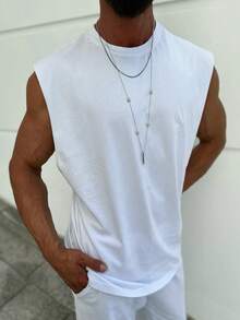 Men's Solid Color Crew Neck Casual Tank Top, Suitable For Summer - White - View 3