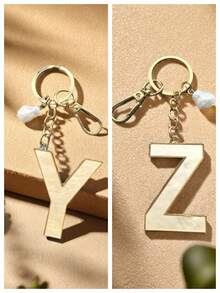 Alloy Letter Acrylic Inlay Keychain, Faux Pearl Shell Pendant Bag & Jeans Accessory, Gift For Friends And Classmates - Golden - View 3