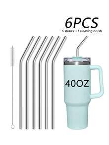 2/4/6pcs Stainless Steel Straws Set With Cleaning Brush, Suitable For 40oz Tumblers, Iced Drinks & Juices,School Supplies - Silver - View 1