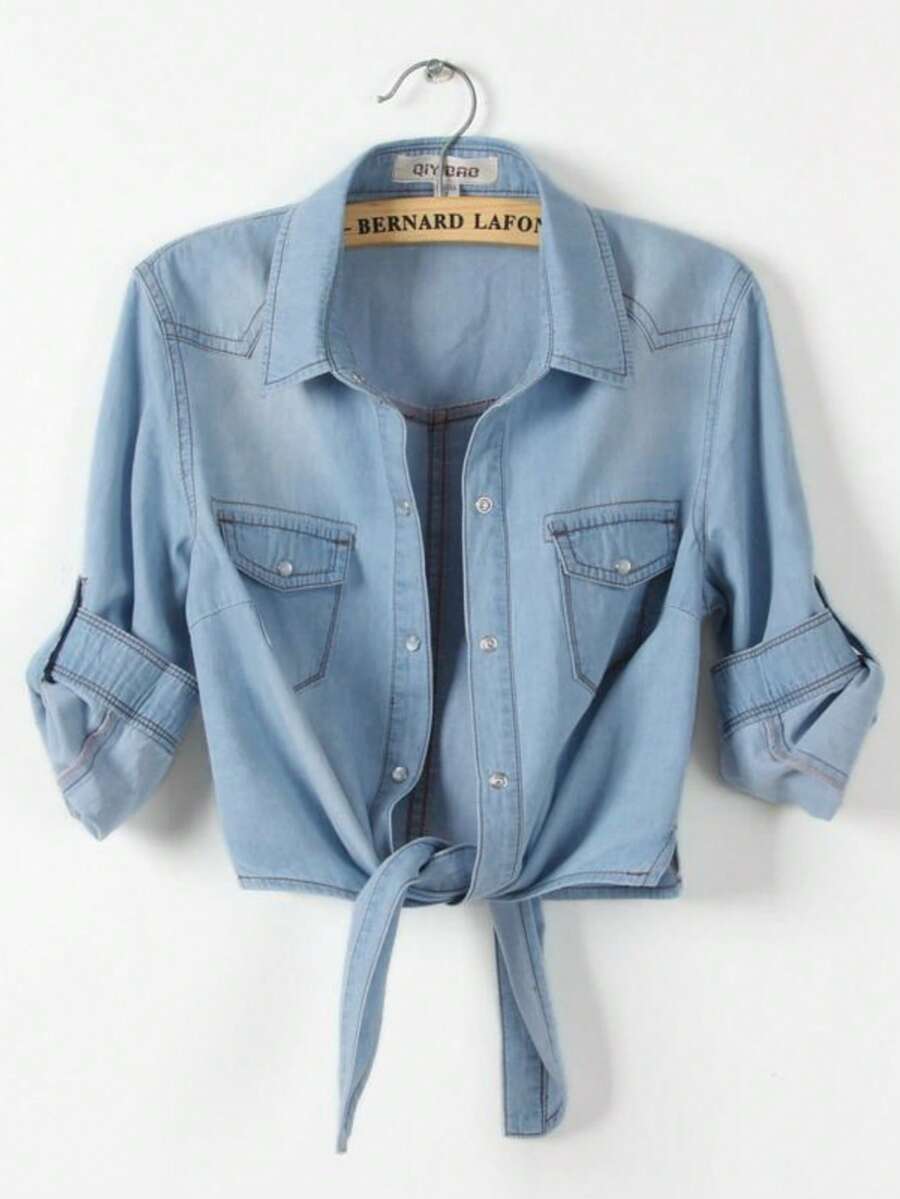 Women's Roll Up 3/4 Sleeve Tie Front Knot Shirt Chambray Denim Crop Top - Light Wash - View 1