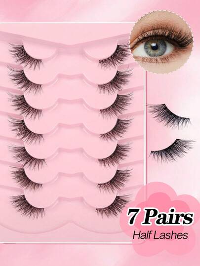 Waloshow 7-10 Pairs Cat Eye Natural Style False Eyelashes, Half-Strip Fake Lashes, Cartoon Style Cluster Fake Lashes, Fluffy & Lengthening False Lashes, Create Natural Cat Eye Makeup, Short Accent False Lashes, Corner Lashes, 3/4 Length Reusable Eyelash Set